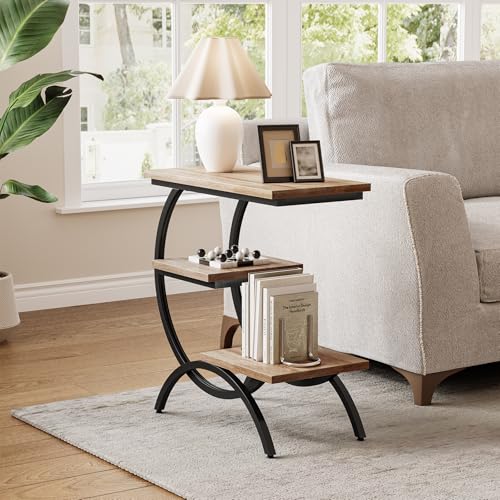 LITTLE TREE End Table, Narrow End Table with 3 Storage Shelves, Industrial C-Shaped Small Sofa Side Table for Living Room, Wood Slim Snack Table with Black Metal Frame, Oak - color: Oak