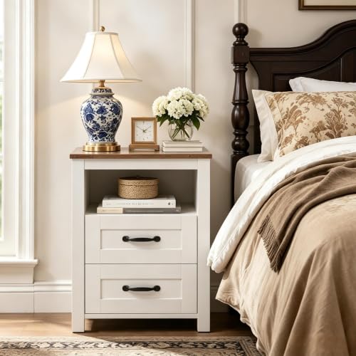 Farmhouse Nightstand with Charging Station, Bedside Table with 2 Drawers Storage, Farmhouse Night Stand with Open Shelf, End Table for Bedroom, White - color: White, size: 1pcs with Charging