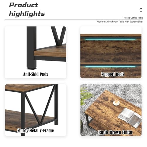 EXCEFUR Modern Coffee Table, Rustic Wood and Metal Living Room Table with Storage Shelf, Industrial Rectangle Center Table, 47 Inch Brown - color: Rustic Brown, size: 47 inch