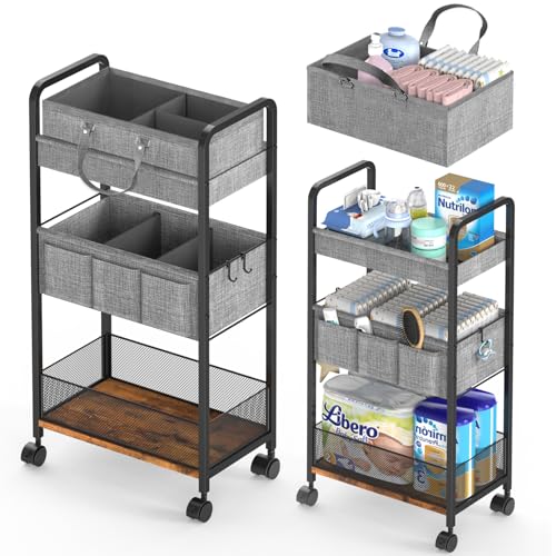 LIDTOP 2In1 Baby Diaper Caddy & 3-Tier Rolling Diaper Cart, Diaper Caddy Organizer Cart with Dividers, Mobile Metal Utility Cart for Nursery Essentials, Detachable Bedside Cart, Large Capacity - color: Black, size: 3-Tier