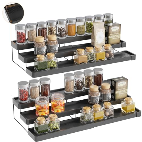 2 Pack Expandable Spice Rack Organizer for Cabinet - 3 Tier Adjustable Cabinet Spice Organizer Easy Visibility - Spice Organizer for Cabinet Countertop Cupboard Pantry Organization (Black) - color: Black, size: 2 Pack