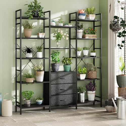 AFLUI Triple Bookshelf with 3 Fabric Drawers, 5-Tier Book Shelf and 10 Display Shelves, Industrial Large Bookcase for Home & Office, Black, 47'' Wide - color: Black, size: 5 Tier(47" W)