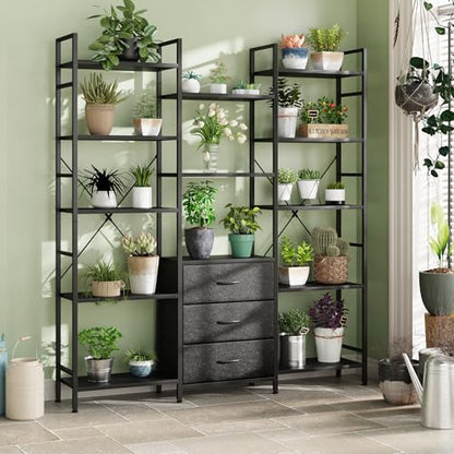 AFLUI Triple Bookshelf with 3 Fabric Drawers, 5-Tier Book Shelf and 10 Display Shelves, Industrial Large Bookcase for Home & Office, Black, 47'' Wide - color: Black, size: 5 Tier(47" W)