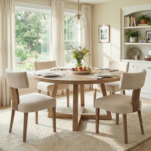 RIVOVA Mid Century Modern Dining Chairs Set of 4 Upholstered Linen Fabric Dining Chairs Curved Backrest Farmhouse Dining Room Chairs Kitchen Chairs with Wood Legs, Beige - color: Beige Curved