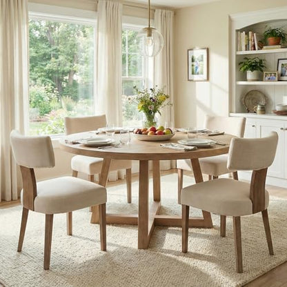 RIVOVA Mid Century Modern Dining Chairs Set of 4 Upholstered Linen Fabric Dining Chairs Curved Backrest Farmhouse Dining Room Chairs Kitchen Chairs with Wood Legs, Beige - color: Beige Curved