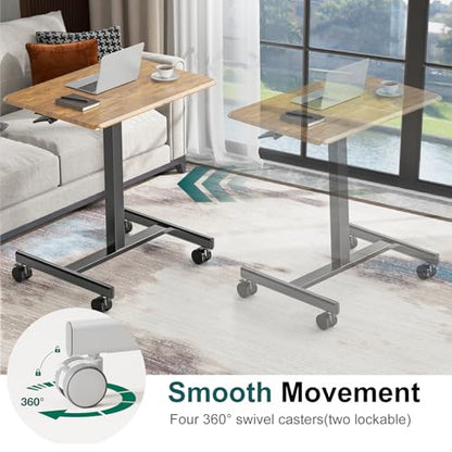 DUMOS Mobile Small Standing Desk, Laptop Desk, Home Office | Portable Rolling Design, 2 Lockable Wheels, Adjustable Height Computer Workstation, 19 Inch, Brown - color: Chocolate