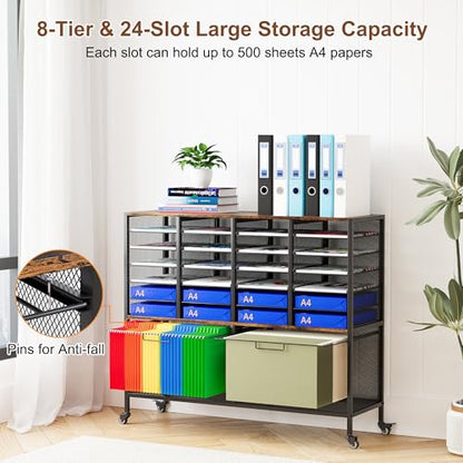 EasyPAG Rolling File Cart with 24 Slot Mail Organizer, Under Desk Storage with Hanging File Rack for Letter/Legal Folders, Mobile Filing Cabinet Printer Stand for Office Home Classroom, Black - size: 24 Slots+2 Hanging Rack