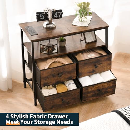 Yoobure Night Stand with Charge Station, Nightstand with 4 Drawers Bedside Table, LED Dresser with Storage Shelf, Night Stands for Bedroom, Side Table 3-Tier Wood End Table for Home Rustic Brown - color: Rustic Brown