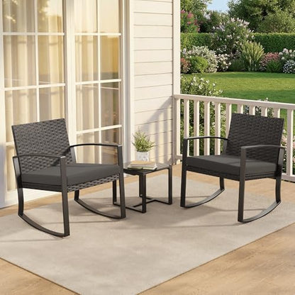 Qsun 3 Pieces Patio Furniture Set Rocking Bistro Set, Outdoor Patio Furniture Set with Coffee Table for Garden Balcony Backyard Poolside (Black Cushion) - color: Black