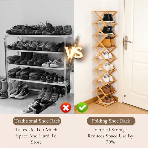 Foldable Shoe Rack, Tier No-Assembly Bamboo Rack, 2026 New Portable Bamboo Corner Shoe Rack, Multifunctional Narrow Shoe Shelf for Entryway, Closet, Corner, Bedroom (2 Layers)