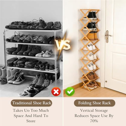Foldable Shoe Rack, Tier No-Assembly Bamboo Rack, 2026 New Portable Bamboo Corner Shoe Rack, Multifunctional Narrow Shoe Shelf for Entryway, Closet, Corner, Bedroom (2 Layers)