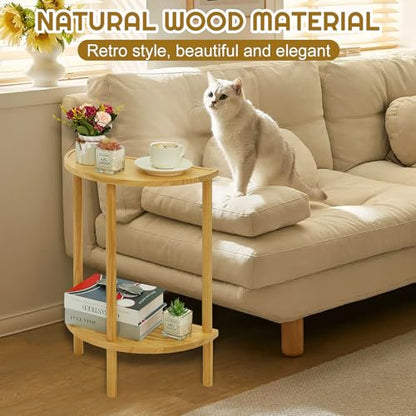 End Table Half Moon Side Tables, 2 Tier Half Round Side Table, Sofa Side Half Round Table with 2-Tier Storage Shelves, Nightstand for Living Room, Bedroom, Small Space, Rustic Brown, Boho Side Table