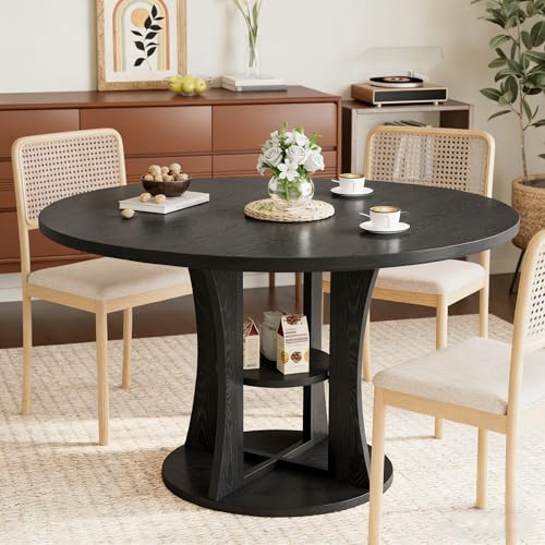 Extendable Round Dining Table for 4-6-8, 43.3-59in Expandable Dining Table with Storage Shelf, Space Saving Circle Oval Kitchen Table with Leaf for Dining Room, Black - color: Black