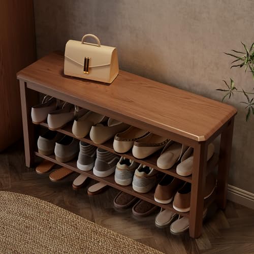 AQIMUELE Wood Shoe Rack Bench for Entryway, 2 Tier Shoe Rack for Front Door Entrance, Shoe Bench with Shoe Storage for Entryway, Bedroom, 39.4" - color: Walnut-wood Seat, size: 39.4"W x 20.4"H x 11.8"D
