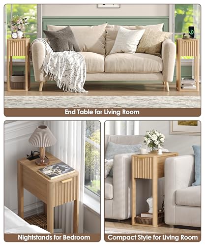 Akxomel Narrow Fluted Nightstands Set of 2, Wooden Slim Bedside Table with Charging Station, Mid-Century Modern Night Stand with Drawer and Open Shelf, Small Side End Table, for Bedroom, Natural Oak - color: Natural Oak