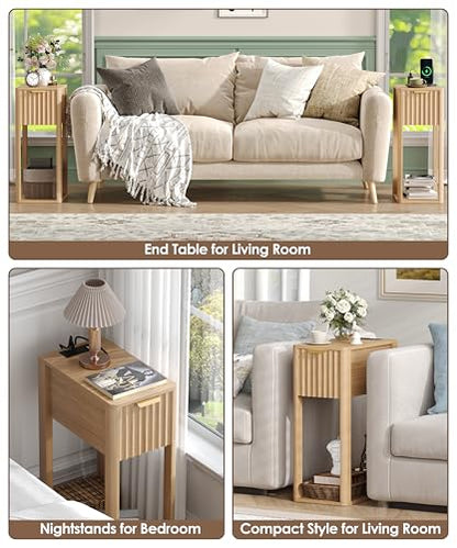 Akxomel Narrow Fluted Nightstands Set of 2, Wooden Slim Bedside Table with Charging Station, Mid-Century Modern Night Stand with Drawer and Open Shelf, Small Side End Table, for Bedroom, Natural Oak - color: Natural Oak