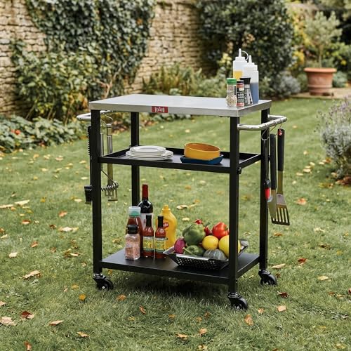 Feasto 3-Tier Outdoor Grill Cart, 26.6" x 16.1" Rolling Pizza Oven Table | Compact Stainless Top for Pizza Ovens & Griddles, Outdoor Bar Cart with S-Hooks for Patio Parties, Deck Dining & Camping - size: Compact