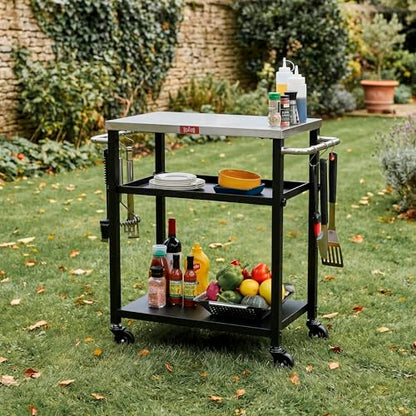 Feasto 3-Tier Outdoor Grill Cart, 26.6" x 16.1" Rolling Pizza Oven Table | Compact Stainless Top for Pizza Ovens & Griddles, Outdoor Bar Cart with S-Hooks for Patio Parties, Deck Dining & Camping - size: Compact