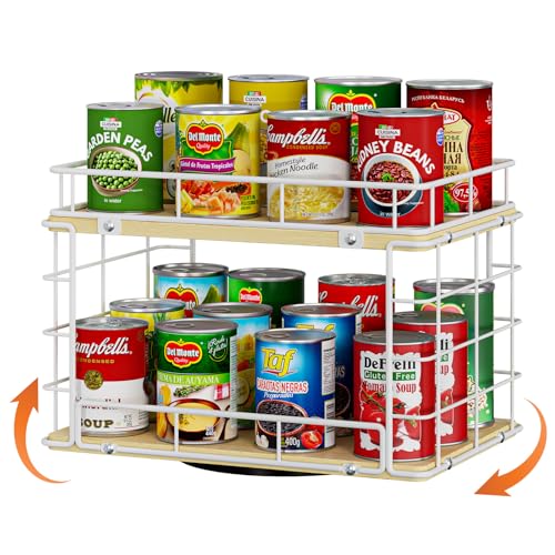 360° Lazy Susan Can Organizer, 2-Tier Rotating Metal Wire Wood Can Rack Holder, Kitchen Pantry Cabinet Countertop Turntable Storage Shelf, Hold 26 Soda Cans Food Beverage Cans Organizer, White - color: White