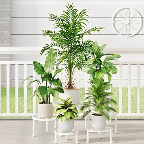 5 Pack Heavy Duty Metal Plant Stand, Anti-Rust Flower Pot Holder for Indoor Outdoor Garden Patio - color: Leaf-White