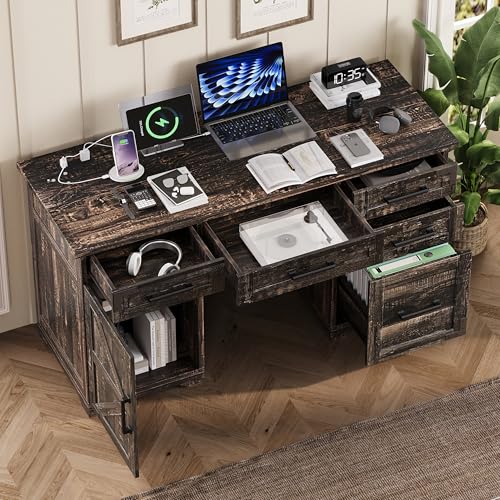 55" Farmhouse Executive Desk with Charging Station & Power Outlet, Home Office Computer Desk with 5 Drawers and Storage Cabinet, Rustic Wood Writing Study Table with File Drawer (Rustic Gray-05) - color: Rustic Gray-05