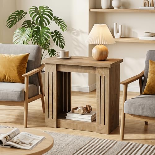 Tribesigns End Table, 2-Tier Farmhouse Skinny Side Table with Storage, Wooden Nightstand End Tables for Living Room, Bedroom, Office, Small Spaces, Brown