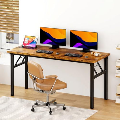 Need Home Office Desk - 62 Inches Large Computer Desk Sturdy Black Table Foldable Desk Gaming Computer Table No Assembly Required Rustic Brown AC5FB(157.5 * 60) - color: Rustic Brown & Black Frame, size: 62 inch