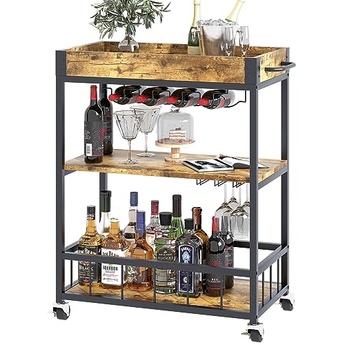 Bar Cart Serving Wine 3 Tier Home Rolling Rack with Wheels Mobile Kitchen Industrial Vintage Style Wood Metal Serving Trolley Serving Cart,Glass Holder Bar Cabinet - size: Rustic Brown, style: Standard