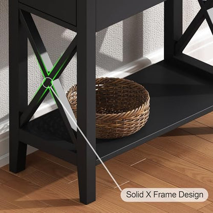 ChooChoo End Table, Flip Top Narrow End Table with Drawer, Set of 2 | Narrow Side Table with Flip Top, Accent Small Side Table Nightstand for Living Room, Bedroom, and Small Spaces, Black - color: Black, size: 2 Pack, style: Without Power