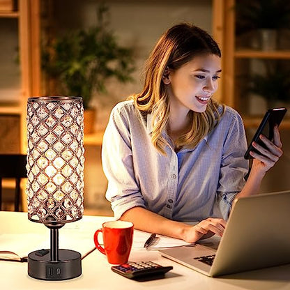 Hong-in Crystal Table Lamp Touch Control Set of 2, 3-Way Black Crystal Lamps with USB C+A Ports & AC Outlet, Dimmable Nightstand Desk Lamps,Modern Bedside Table Lamp for Bedroom(Bulbs Included) - color: Black
