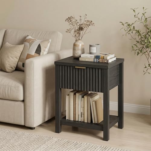 Fluted Night Stand with Golden Handle,Mid-Century Nightstands with Drawer,Modern Bedside Table with Storage Shelf,Large Wood End Tables for Livingroom,Bed Side Tables for Bedroom,Black - color: 1pc_black_plus