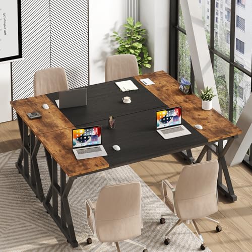 TVU Computer Desk, 55 inch Large Office Desk, Study Writing Table with Thicken Frame, Gaming Desk, Modern Simple Desk for Home Office, Rustic Brown/Black - color: Rustic Brown+black, size: 55inch