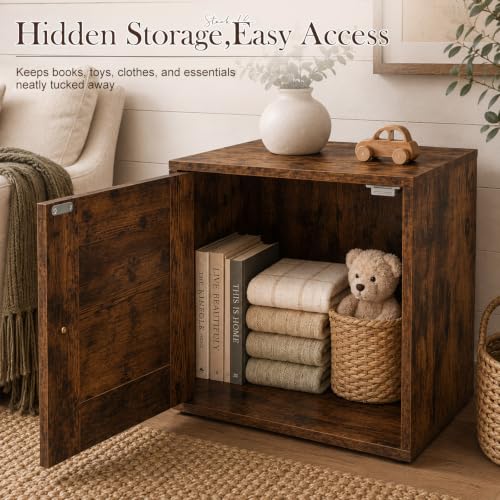 15" H x 15" W x 11.75" D Stackable Cube Storage Organizer with Door, Brown Modular Cubby Storage Bin with Non-Slip Pads, Wooden Cube Bookshelf Shelf for Bedroom, Living Room, Kitchen and Office