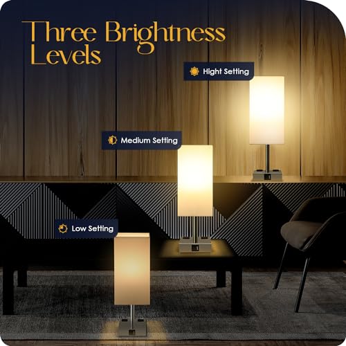 Set of 2 Bedside Table Lamp 3 Way Dimmable Nightstand Lamp with USB C & USB A Charging Port, 2 AC Outlets, 3000K LED Bulbs (White) - color: White
