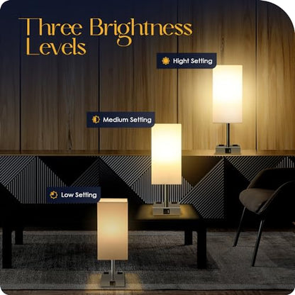 Set of 2 Bedside Table Lamp 3 Way Dimmable Nightstand Lamp with USB C & USB A Charging Port, 2 AC Outlets, 3000K LED Bulbs (White) - color: White
