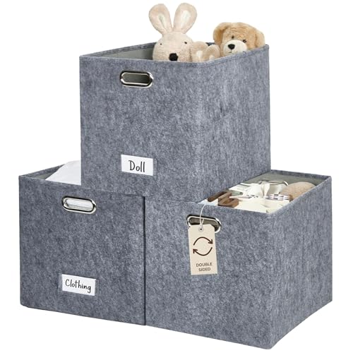 DECOMOMO Felt Storage Bins, 13x15x13 Storage Cube Bins with Labels | 3 Pack Storage Baskets for Shelves, Kallax (Dark Grey) - color: Dark Grey, size: Kallax 13x15x13 / 3pcs