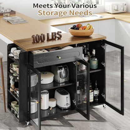 Kitchen Island with Power Outlet - Kitchen Cart on Wheels with Storage Cabinets & Drawers, Rolling Island Table with Spice & Towel Rack, Portable Islands with Large Wood Counter, Dinning Room - color: Black