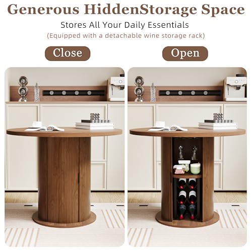 Wildhome Round Dining Table for 2-3, 31 Inch Dining Room Kitchen Table with 2-Tier Storage Shelf & Wine Rack, Modern Farmhouse Fluted Wood Slide Door Dinner Furniture,Circle(Non scalable-32 In-Walnut) - color: Non-scalable-32 Inch-walnut