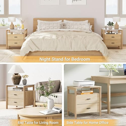 Night Stand Set 2, 23" Nightstands Set of 2, Modern Nightstand with Charging Station & Faux Marble Top, 2 Drawer End Table with Solid Round Post Legs, Bedside Table for Bedroom, Natural Oak - color: Natural Oak + Faux Marble Top, size: 24''W x 15.7'D x 24
