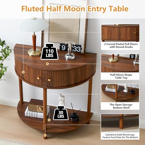 XUZENEST Fluted Half Moon Console Table, Modern Small Entry Sofa Table with Storage, Solid Wood Legs Narrow Entryway Table for Living Room, Hallway, Foyer(Walnut) - color: 31.5 Walnut