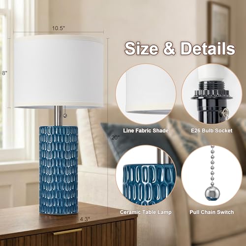 Reaketon Table Lamps for Living Room Set of 2, Ceramic Table Lamps for Bedroom, 20" Modern Lamps for Night Stands, Blue - color: Blue