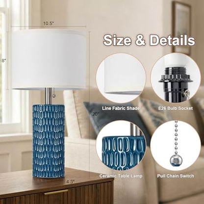 Reaketon Table Lamps for Living Room Set of 2, Ceramic Table Lamps for Bedroom, 20" Modern Lamps for Night Stands, Blue - color: Blue