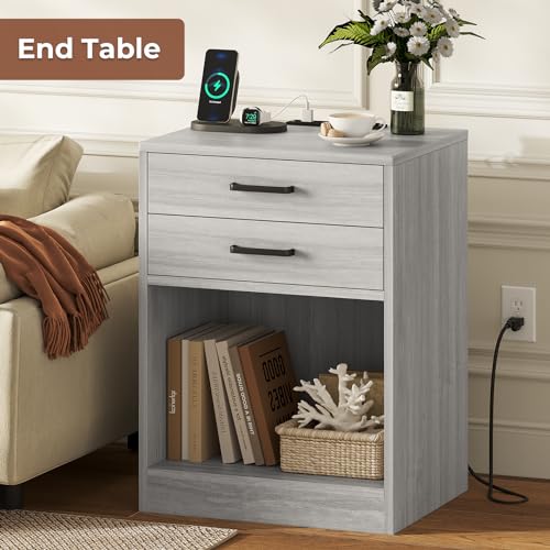 ADORNEVE Grey Nightstands Set of 2,Bedside Table with Drawers | Bedside Table Set of 2,Nightstand with Charging Station,Night Stands for Bedrooms Set of 2 - color: Grey