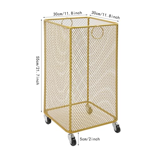 Metal Laundry Storage Basket on Wheels - Square, Rolling Hamper Cart with Mesh Wire & Ring Handles, Stackable Storage Organizer Clothing Sorting Rack for Clothes and Linens, 12"L x 12"W x 22"H (Gold)
