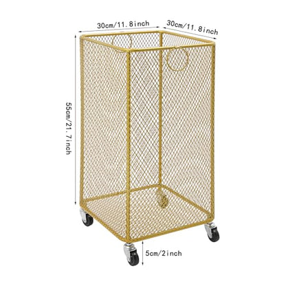 Metal Laundry Storage Basket on Wheels - Square, Rolling Hamper Cart with Mesh Wire & Ring Handles, Stackable Storage Organizer Clothing Sorting Rack for Clothes and Linens, 12"L x 12"W x 22"H (Gold)