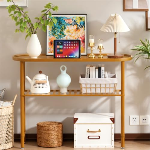 Bamboo Foyer Table for Entryway 39.4", Farmhouse Entryway Table for Hallway Oval Top, Sofa Console Table with Anti-fall Edge, TV Stand for Living Room, Indoor Plant Stand, 5min Easy Assembly, Walnut - color: Walnut, size: 39.4"L x 11.8"W x 29.7"H