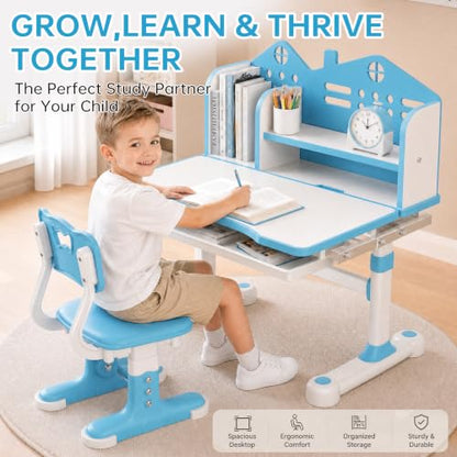 Kids Desk and Chair Set, Height Adjustable Child's School Study Writing Tables, Kids Desk with Bookstand and Storage Drawer, Widened Desktop with Desktop for Boys and Girls (Blue-A-MAX) - color: Blue-a-max