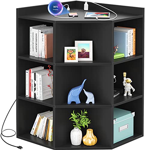 Aheaplus Corner Cabinet, Black Corner Storage with USB Ports and Outlets, Corner Cube Toy Storage for Small Space, Wooden Cubby Corners Bookshelf with 9 Cubes for Playroom, Bedroom, Living Room, Black - color: Black, size: 4-Tier