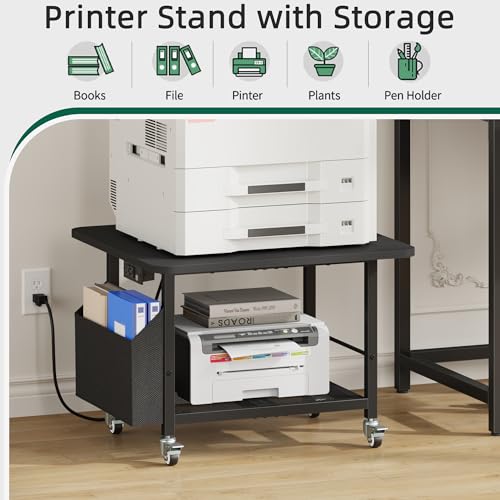 YAOHUOO 23.6"×23.6" Large Printer Stand with Power Outlet, Printer Table with Storage Side Pocket, Heavy Duty Rolling Cart for Home Office 3D Printer/Laser/Heat Press Table, Black - color: Black