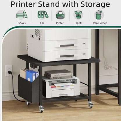 YAOHUOO 23.6"×23.6" Large Printer Stand with Power Outlet, Printer Table with Storage Side Pocket, Heavy Duty Rolling Cart for Home Office 3D Printer/Laser/Heat Press Table, Black - color: Black